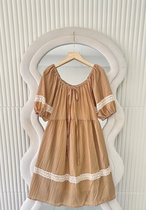 Women Puff Sleeves Mini Dress With Lace Trim